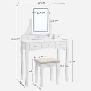 Kosmētikas galds ar krēslu un LED apgaismojumu, 80x40x137,5 cm (P x D x A)