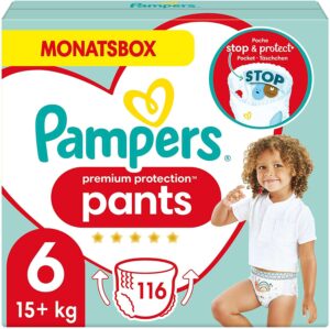autiņbiksītes pampers premium protection pants, izmērs 6, 15+kg, 116 gab.