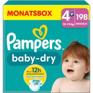 Pampers Baby-Dry izmērs 4+ 10-15kg 198 gab. (Vācija)