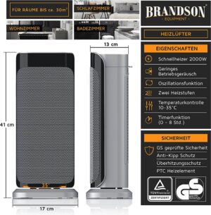keramiskais ventilatora sildītājs brandson 305027 2000w sudraba
