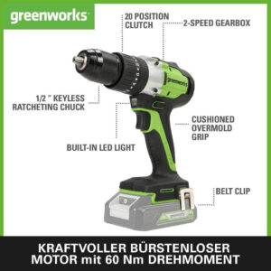 akumulatora skrūvgriezis greenworks 24 v brushless gd24dd60k2 60 nm 1x2 ah