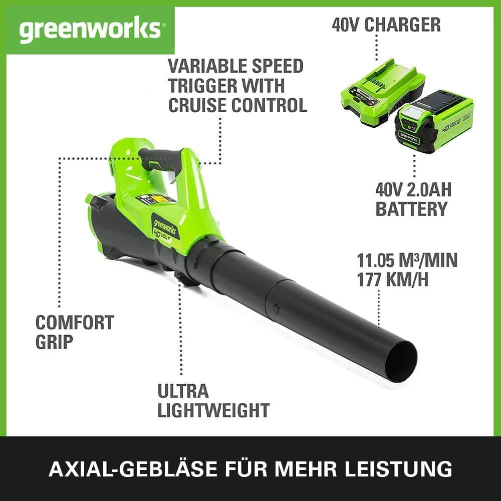 greenworks g40ab akumulatora lapu pūtējs (40 v 177 km/h, brushless) 1 x 2ah, lādētājs