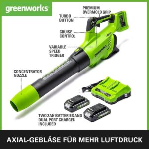 greenworks gd24x2abk2x akumulatora lapu pūtējs brushless, turbo, 217 km/h, 16.4 m³/min, 2 x 24v 2ah (48v kopā), lādētājs