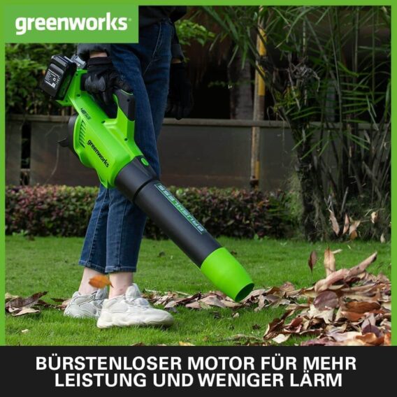 greenworks gd24x2abk2x akumulatora lapu pūtējs brushless, turbo, 217 km/h, 16.4 m³/min, 2 x 24v 2ah (48v kopā), lādētājs