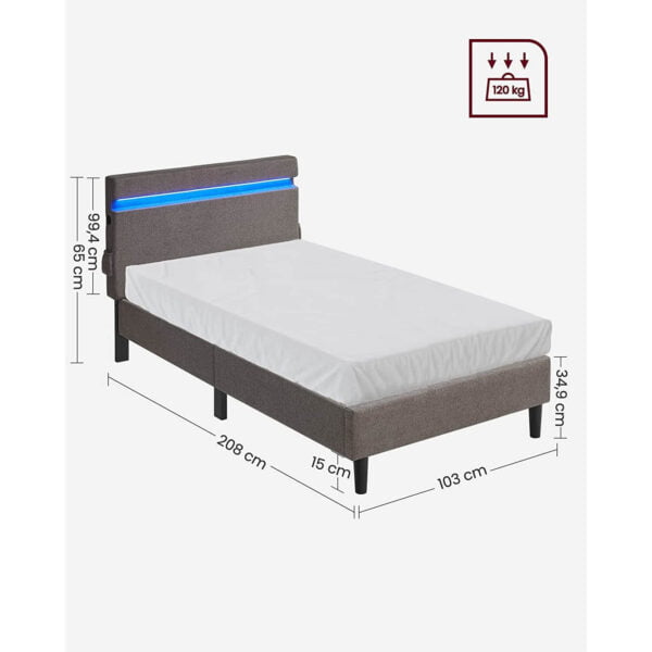 gultas rāmis rmb801g71 90 x 190 cm ar led apgaismojumu, usb, type c uzlādes savienojumu