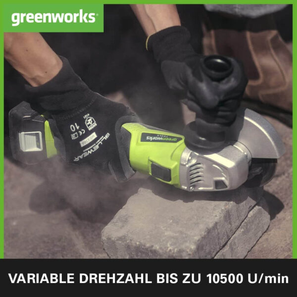 akumulatora leņķa slīpmašīna greenworks gd24agk4 125 mm, 10500 rpm, 24 v 1x4 ah, lādētājs