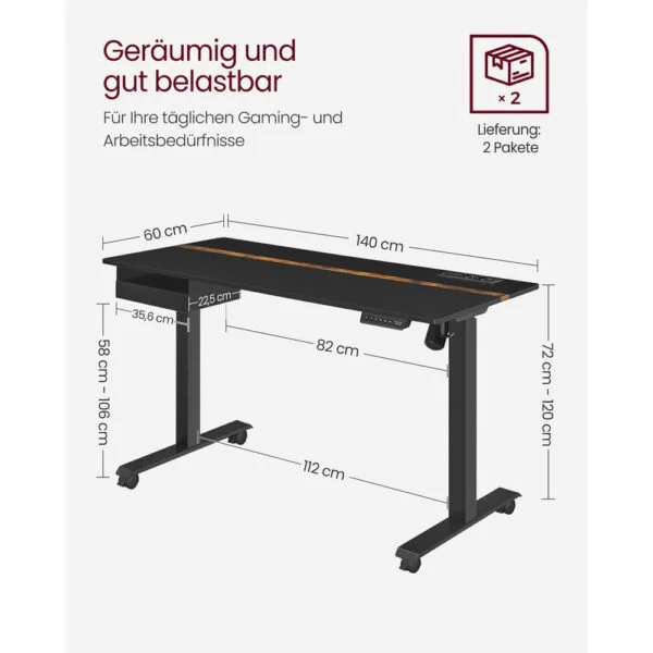 regulējams biroja galds vasagle lsd114b01 140 x 60 x (72 120) cm (g x p x a)