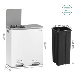 songmics ltb60wt metāla atkritumu tvertne šķirošanai 2 in 1 60l