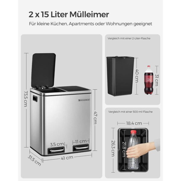 tērauda atkritumu tvertne songmics ltb30h 30l (2x15l)