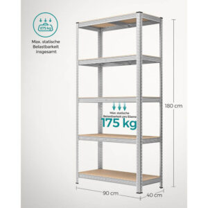 lielas slodzes mantu/virtuves plaukts songmics 40 x 90 x 180 cm 5 plaukti sudraba glr040e02