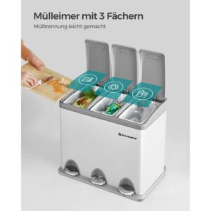 metāla atkritumu tvertne šķirošanai 3 in 1 24l (3x8l) songmics ltb24wt