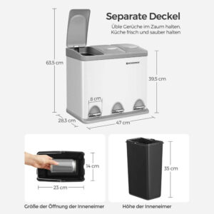 metāla atkritumu tvertne šķirošanai 3 in 1 24l (3x8l) songmics ltb24wt