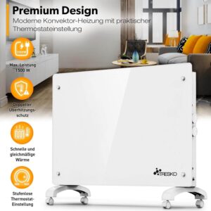 stikla elektriskais konvektora sildītājs tresko 1500 w balts