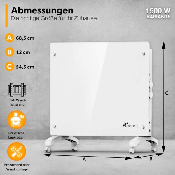 stikla elektriskais konvektora sildītājs tresko 1500 w balts