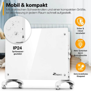stikla elektriskais konvektora sildītājs tresko 1500 w balts