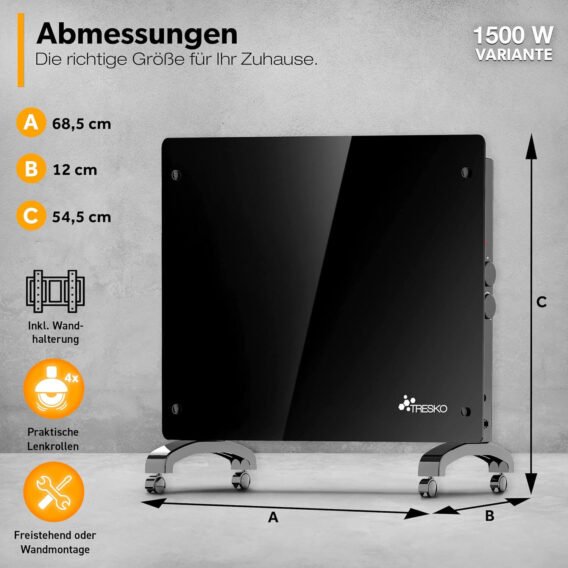 stikla elektriskais konvektora sildītājs tresko 1500 w melns