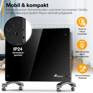 stikla elektriskais konvektora sildītājs tresko 1500 w melns