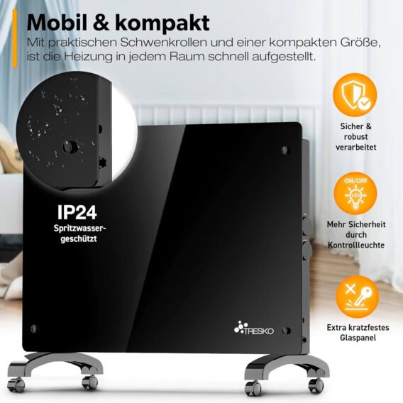 stikla elektriskais konvektora sildītājs tresko 1500 w melns