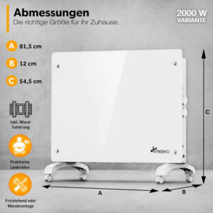 stikla elektriskais konvektora sildītājs tresko 2000 w balts