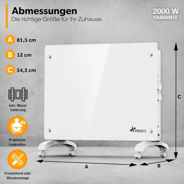 stikla elektriskais konvektora sildītājs tresko 2000 w balts