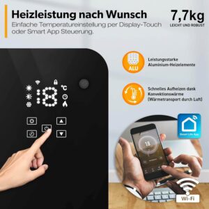 stikla elektriskais konvektora sildītājs tresko 2000 w smart app wifi melns