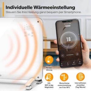 stikla konvektora sildītājs tresko 2000 w smart app wifi balts