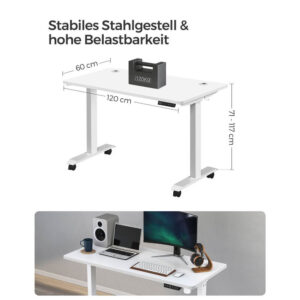 datorgalds / rakstāmgalds elektriski regulējams songmics lsd201w01 120 x 60 x (73 117)cm (gxpxa)