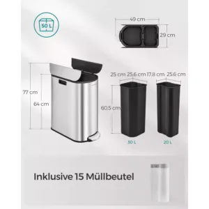 tērauda atkritumu šķirošanas tvertne ar 2 nodalījumiem songmics ltb570e50 50l (20l+30l)