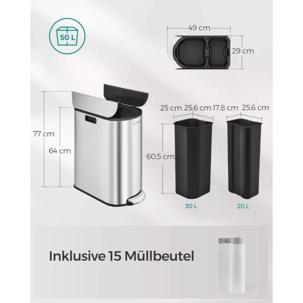 tērauda atkritumu šķirošanas tvertne ar 2 nodalījumiem songmics ltb570e50 50l (20l+30l)