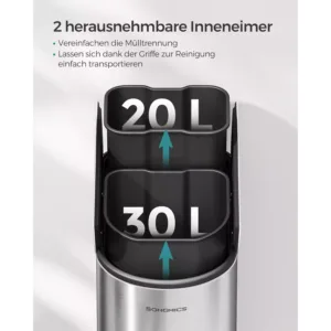 tērauda atkritumu šķirošanas tvertne ar 2 nodalījumiem songmics ltb570e50 50l (20l+30l)