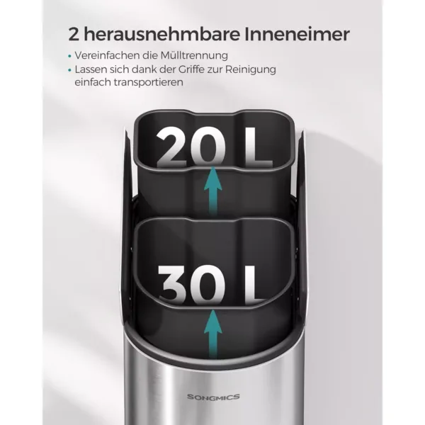 tērauda atkritumu šķirošanas tvertne ar 2 nodalījumiem songmics ltb570e50 50l (20l+30l)