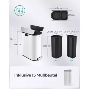 tērauda atkritumu šķirošanas tvertne ar 2 nodalījumiem songmics ltb570w02 50l (20l+30l) balta