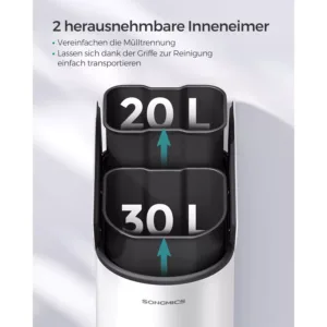 tērauda atkritumu šķirošanas tvertne ar 2 nodalījumiem songmics ltb570w02 50l (20l+30l) balta