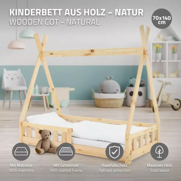 ml design teepee priedes koka bernu gultas ramis 70 x 140 cm ar matraci2 669b8f721f6a9
