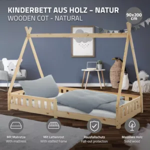 ml design teepee priedes koka bernu gultas ramis 90 x 200 cm ar 16cm matraci2 669baae062cf9