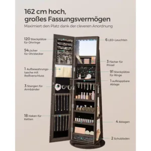 rotaslietu skapis ar bezramja spoguli songmics jjc007k02 360 rotejoss tumsi bruns4 66ca21421c1a6