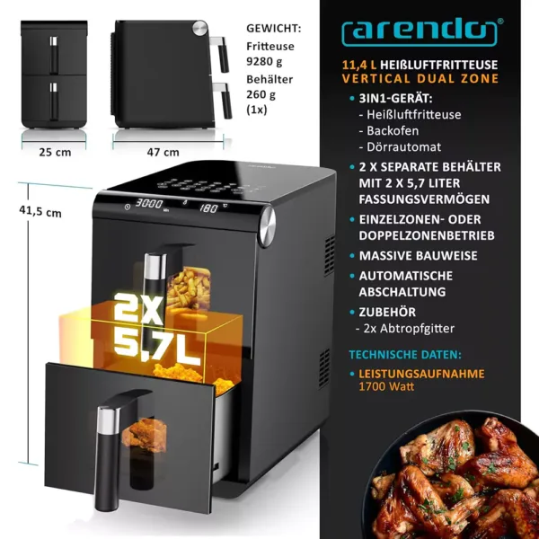 karsta gaisa friteris arendo 307484 xxl dual zone hot air fryer 114 l 1700 w1 67dfd9443c4d3