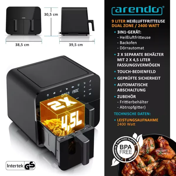karsta gaisa friteris arendo dual zone 307225 hot air fryer 9 l 2400 w1 67fd73ab071a1