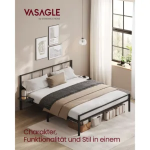 Divgulamas gultas metala ramis Vasagle RMB195B01 160 x 200 cm ar mateti melnu galvgali1