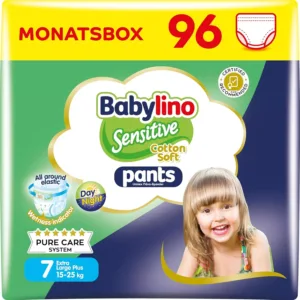 Autiņbiksītes Babylino Sensitive Cotton Soft pamperi izmērs 7 Pants XL Plus 96 gab. 15-25 kg Ražots Grieķijā