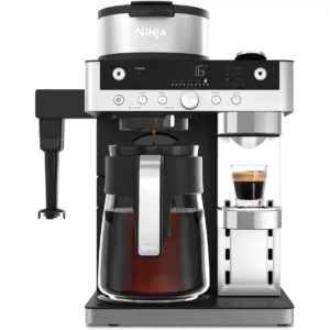 Ninja Prestige CFN802EU 2-in-1 filtrkafijas un kapsulu automāts ar integrētu piena putotāju latte, ledus kafijai un flat white, melns