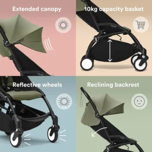 Stokke YOYO³ ipasi kompakti un viegli bernu rati Melns ramis Olive Green parvalks2