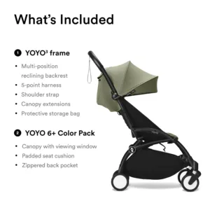 Stokke YOYO³ ipasi kompakti un viegli bernu rati Melns ramis Olive Green parvalks3