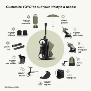 Stokke YOYO³ ipasi kompakti un viegli bernu rati Melns ramis Olive Green parvalks4